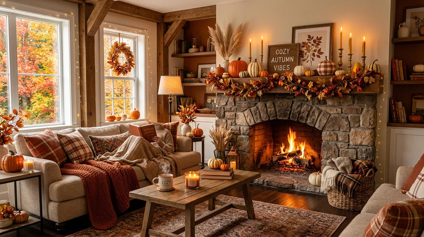 Seasonal cozy fall living room with pumpkins, knitted blankets, candlelight, and rustic wooden decor